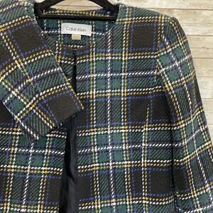 Calvin Klein Womens 2 Jacket Tweed Topper Coat Green‎ Plaid Tartan Open Front